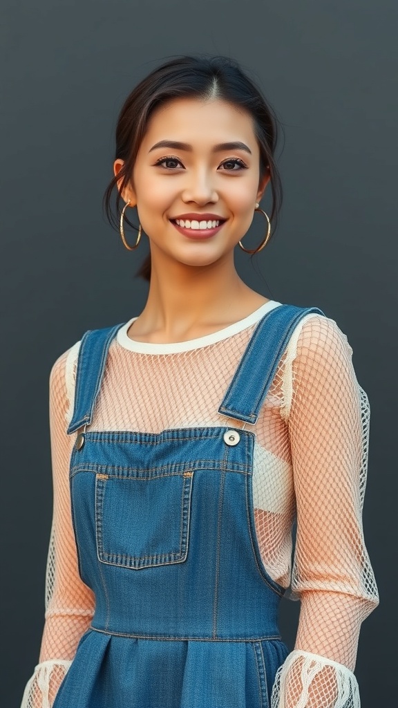 A woman wearing a mesh long sleeve top under a denim pinafore dress, smiling at the camera.