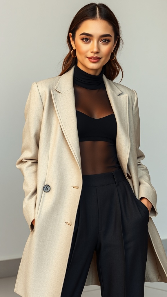 A woman wearing a black mesh long sleeve top with a beige blazer and black trousers, standing confidently.