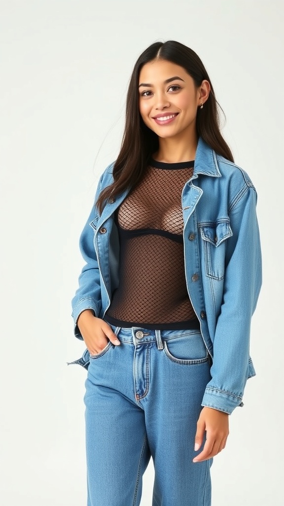 Model wearing a mesh long sleeve top with an oversized denim jacket and relaxed-fit jeans.