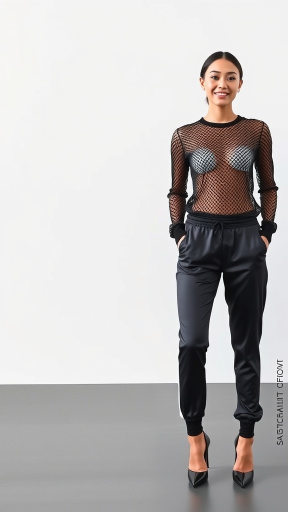A woman wearing a black mesh long sleeve top and satin track pants, posing confidently.