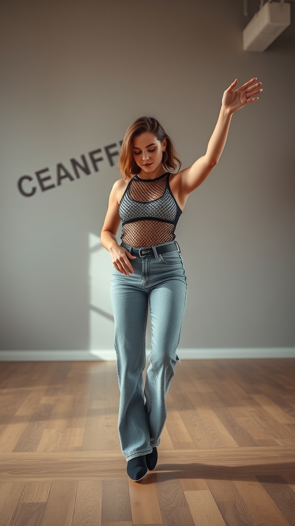 A dancer wearing a mesh top and high-waisted jeans, showcasing a stylish hiphop outfit.