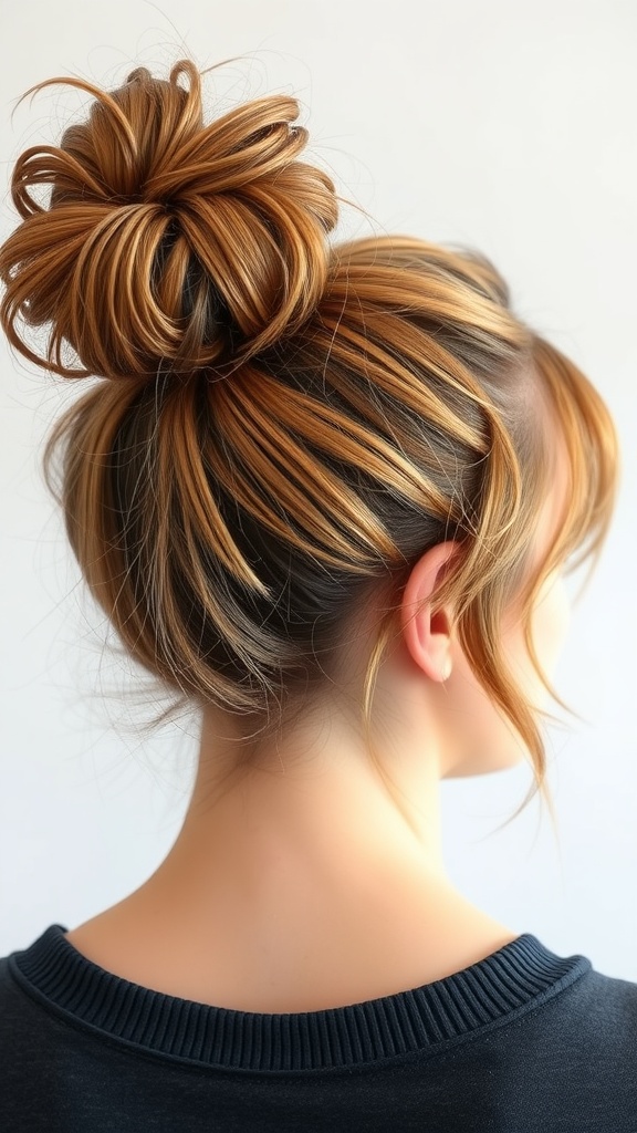 A woman with a messy bun hairstyle featuring caramel blonde hair tones
