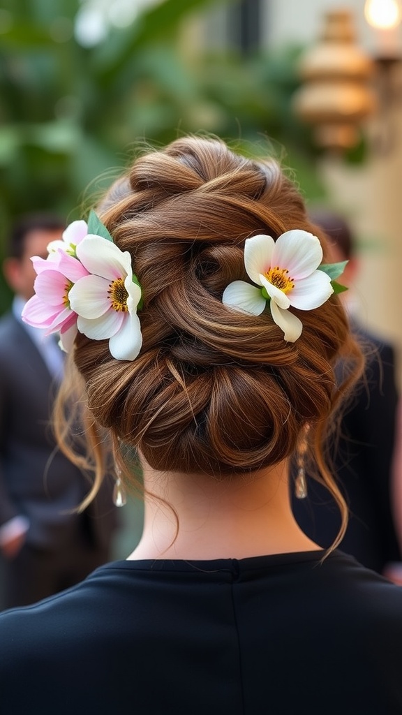 A messy bun hairstyle adorned with pink and white flowers, showcasing a romantic and chic look.