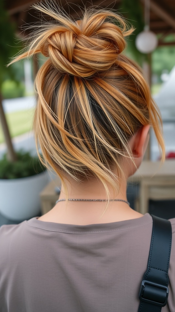 A woman with light ginger hair styled in a messy bun, showcasing ginger streaks.