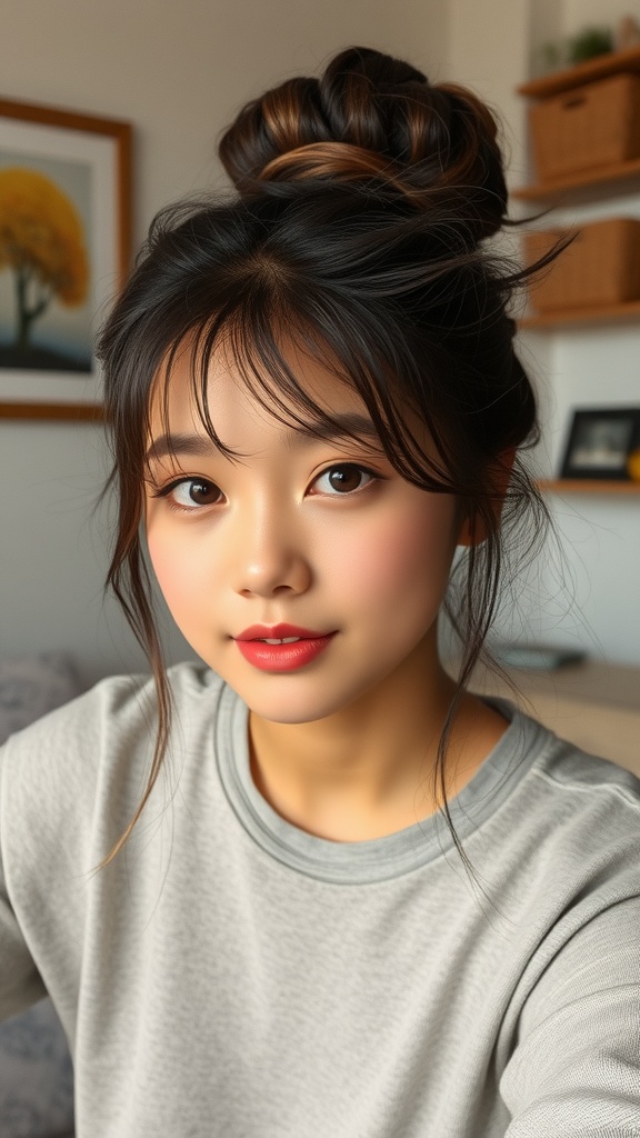 A woman with a messy bun hairstyle featuring soft strands framing her face.