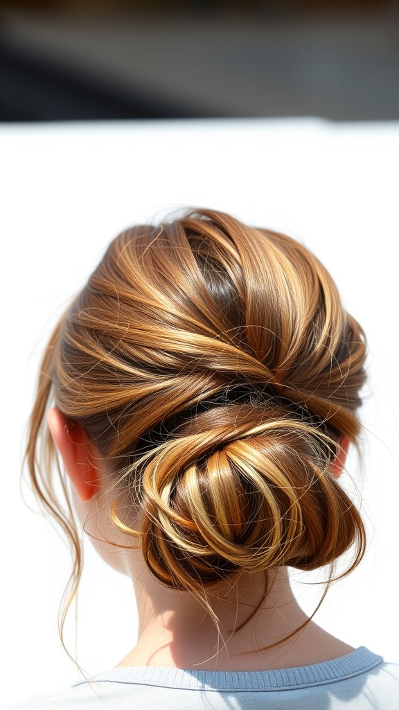 A messy bun hairstyle featuring light chocolate brown hair with sun-kissed ends.