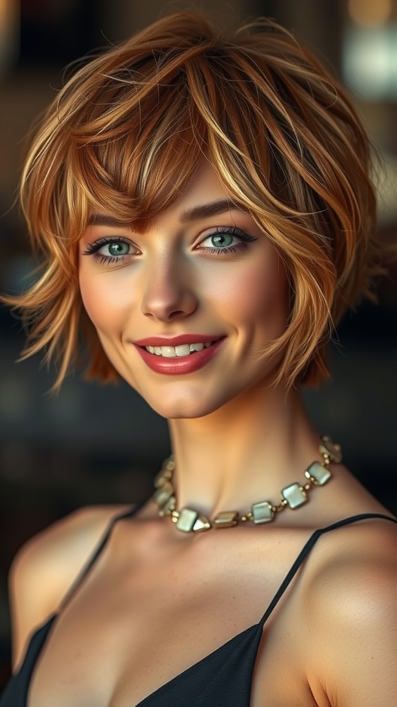 A woman with a messy shag cut featuring copper hair with blonde highlights, smiling and wearing a necklace.