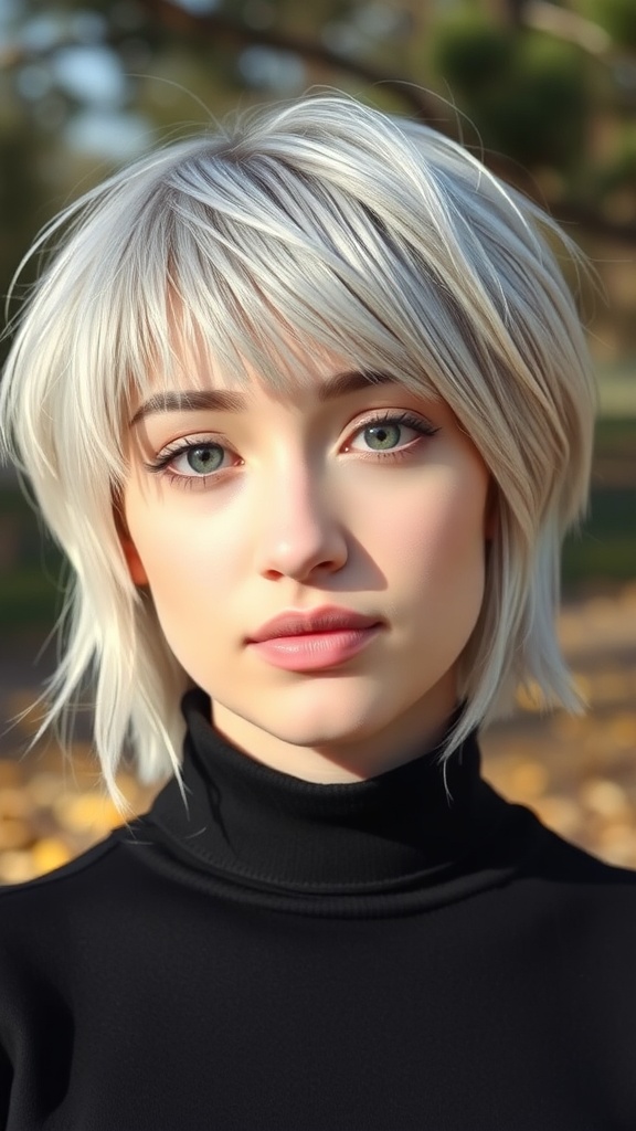 A woman with a messy silver lob hairstyle, showcasing icy blonde hair with soft layers.