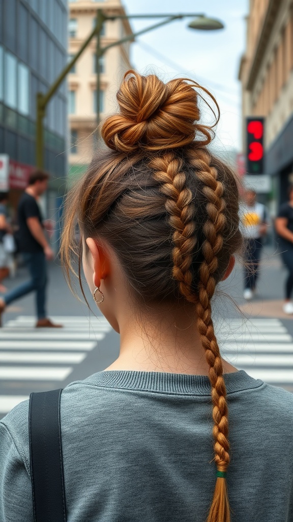 A woman with a messy top knot and braided accents walking in a city.