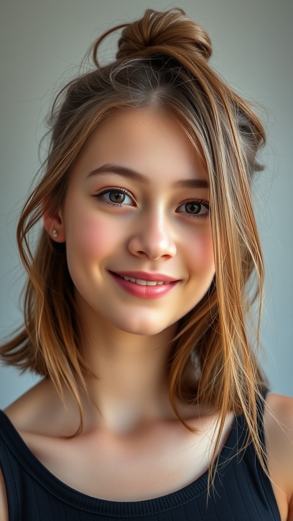 A girl with a messy top knot hairstyle and loose strands, smiling at the camera.