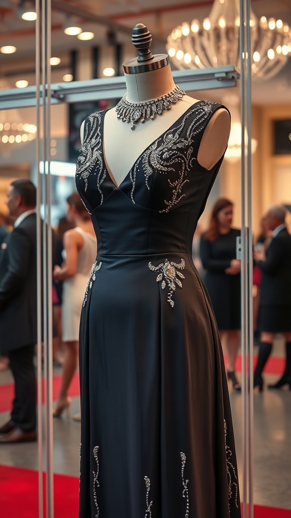 A black gown with silver embellishments displayed on a mannequin, showcasing glamorous red carpet style.