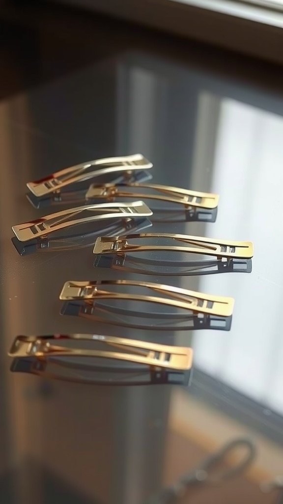 A collection of metallic finish hair clips displayed on a surface.