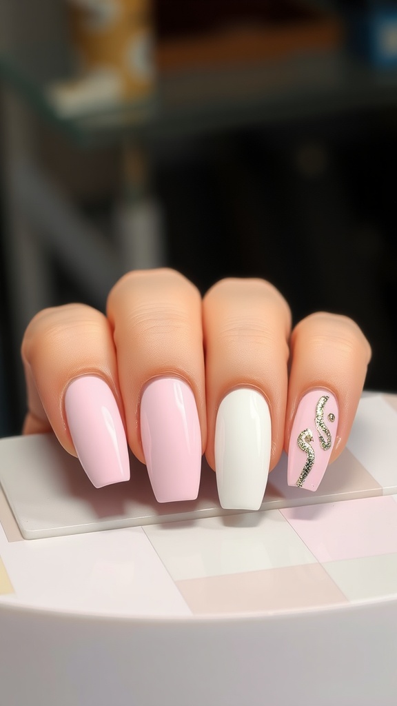 Nails with metallic foil details, featuring pink and white polish.
