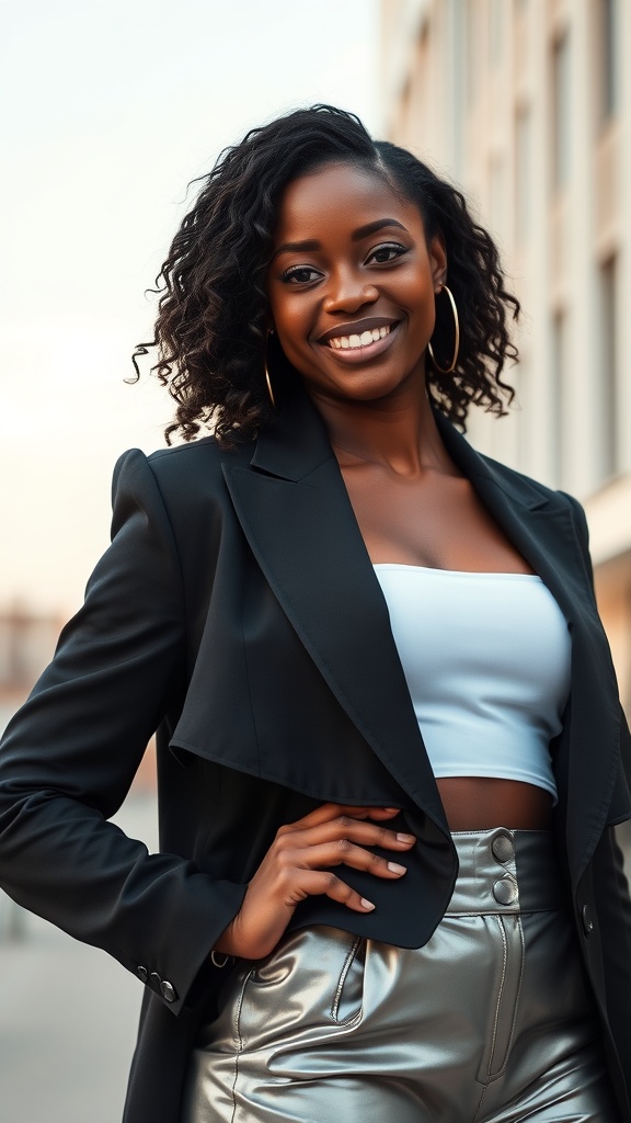 A woman smiling while wearing metallic leather pants and a black blazer, showcasing a stylish outfit.