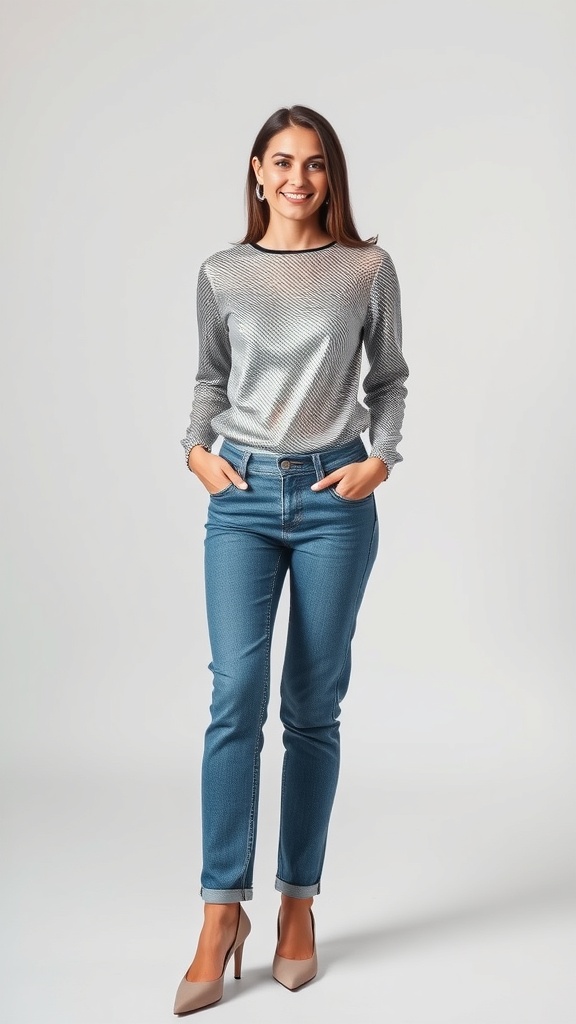 Model wearing a metallic mesh long sleeve top with straight jeans and heels, smiling at the camera.