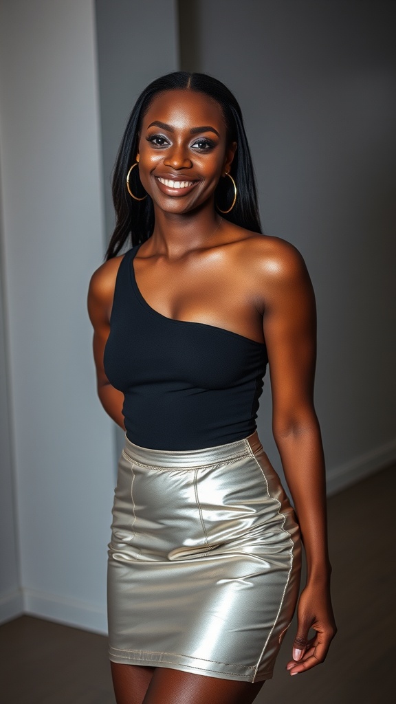A woman wearing a metallic mini skirt and black bodysuit, smiling confidently.
