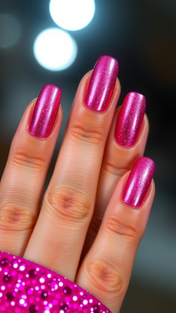 Close-up of metallic pink nails with a shiny finish