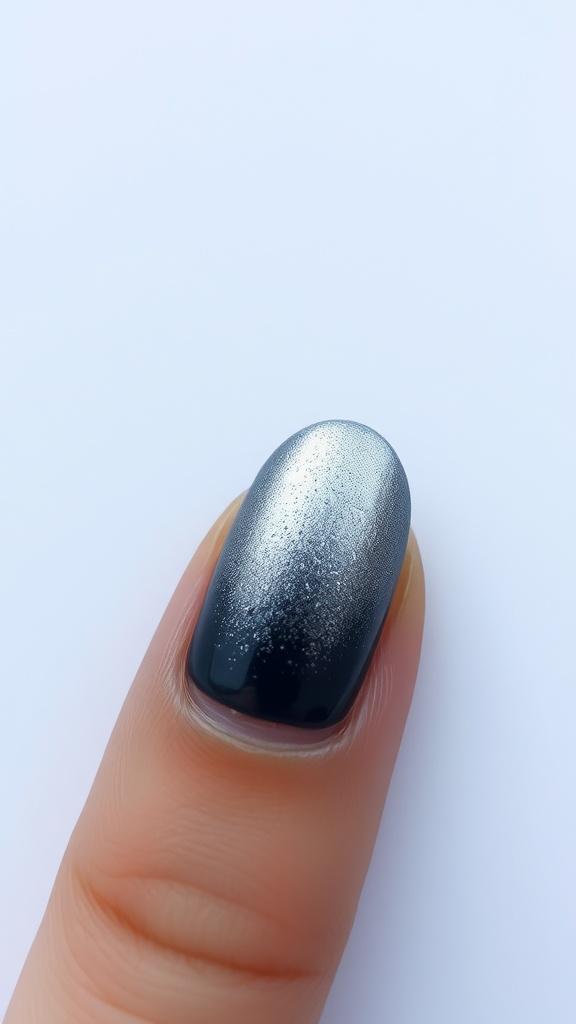 Nail design featuring a metallic silver to black ombre effect