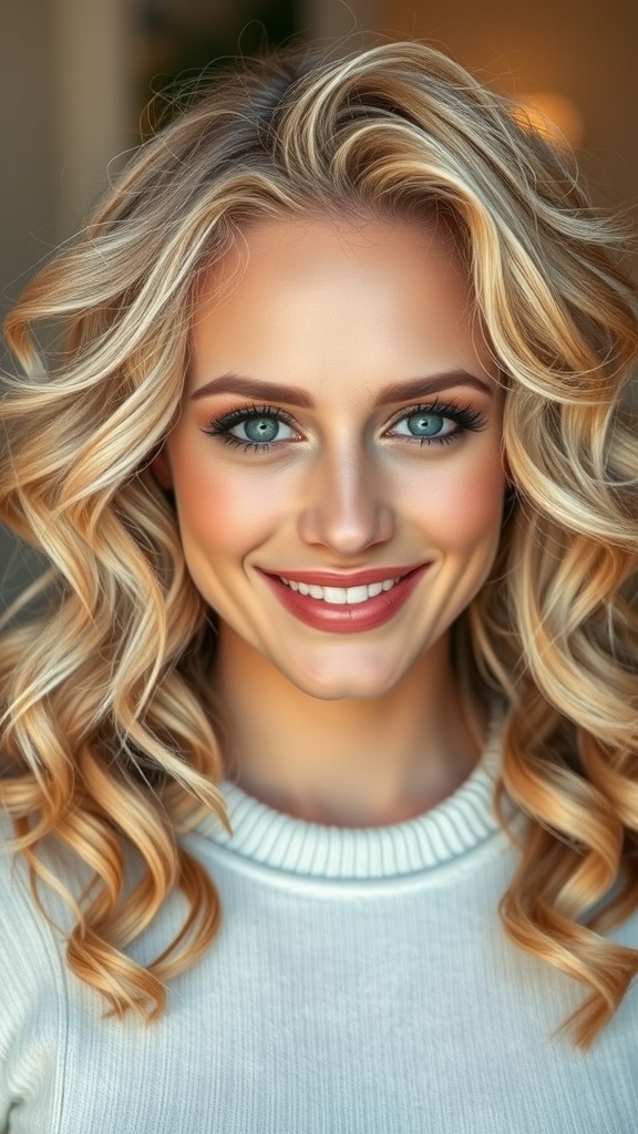 A woman with mid-length blonde curls, showcasing dimensional lowlights.