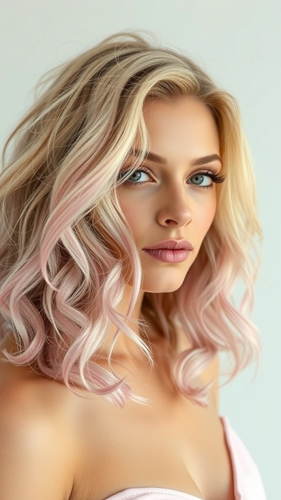 A woman with mid-length curls featuring pink and blonde marbling