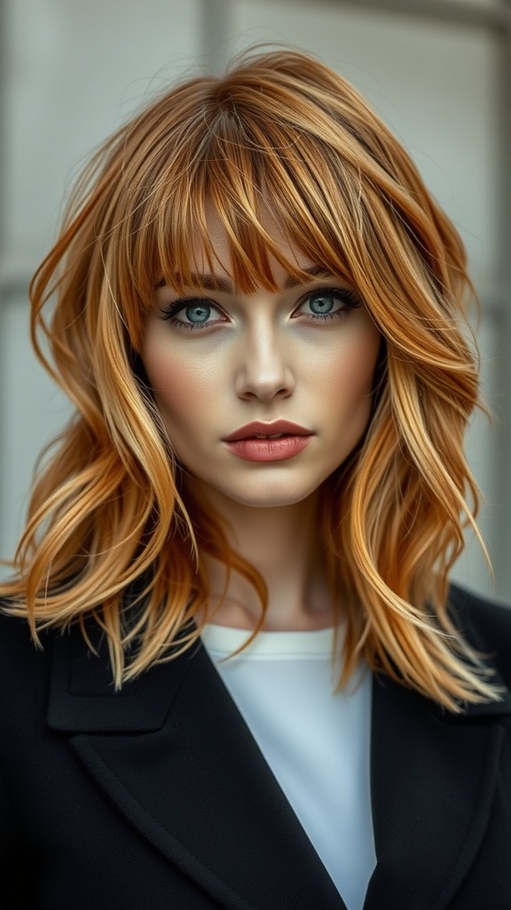 Mid-length feathered ginger hair with champagne blonde highlights