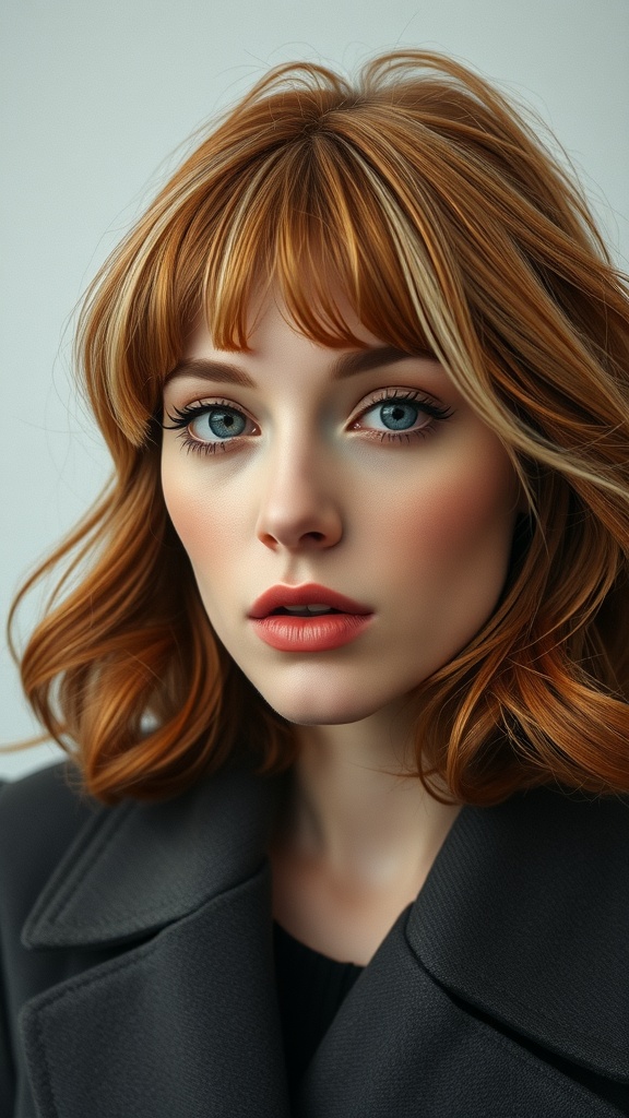 A model with mid-length ginger hair featuring high contrast blonde highlights, showcasing a vibrant and stylish look.