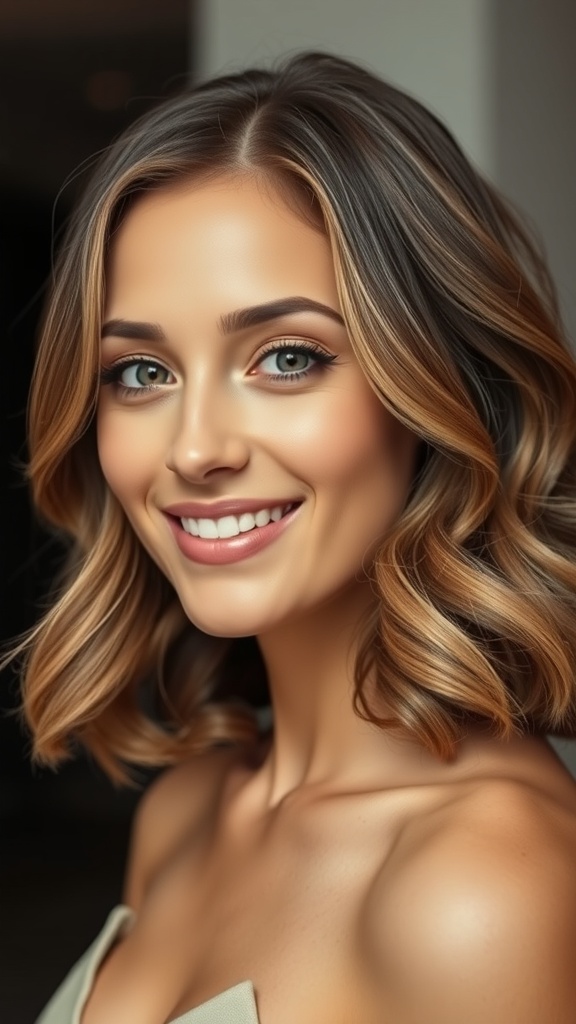 A woman with mid-length layered hair styled with soft curls at the ends, showcasing a vibrant and fresh look.