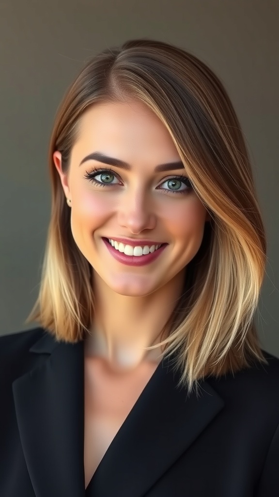 A woman with mid-length straight hair featuring blonde balayage on brown hair, smiling confidently.