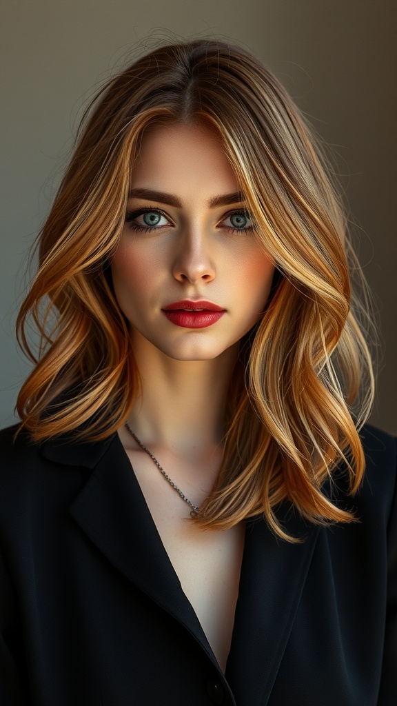 Mid-length strawberry blonde hair with deep red roots, styled elegantly.