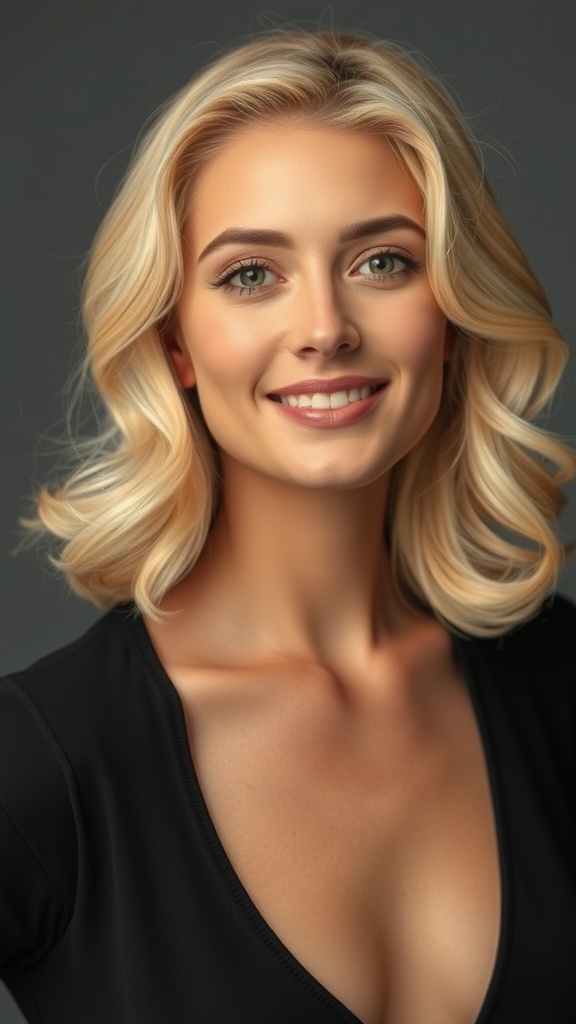 Mid-length vanilla blonde hair styled with inward curls at the ends