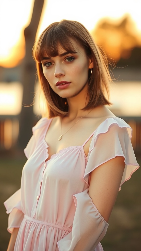 A woman with mid-length honey tea brown hair and curtain bangs, wearing a light pink dress.