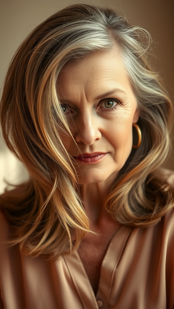 A woman with mid-length hair styled in soft waves, showcasing a flattering hairstyle for thin hair over 50.