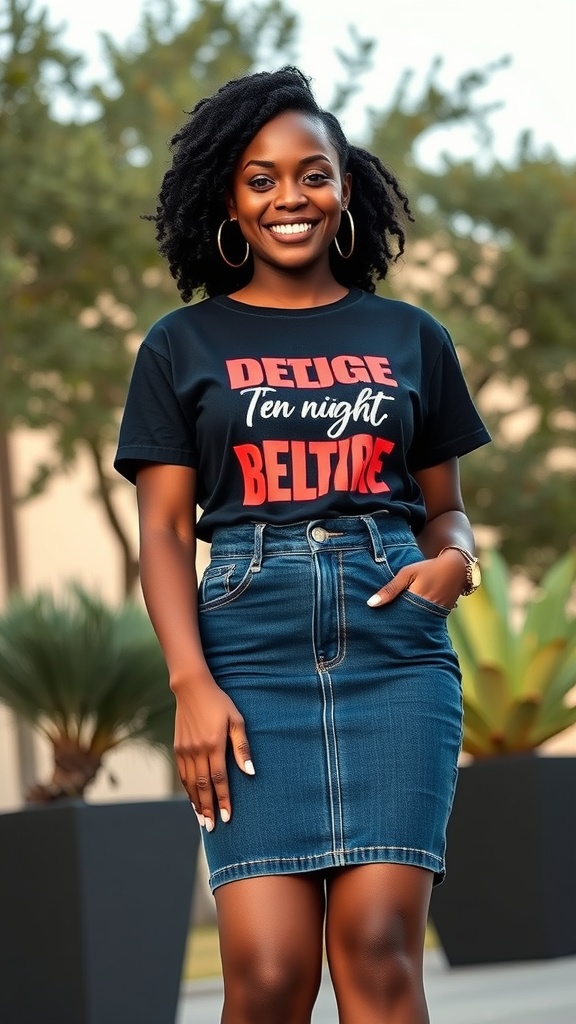 A woman smiling in a midi denim skirt and graphic tee, showcasing a stylish outfit.