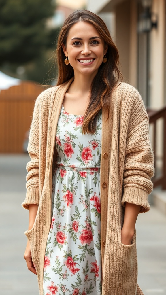 A woman smiling while wearing a floral midi dress and a cozy knit cardigan.