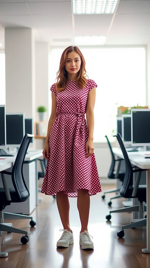 A woman in a polka dot midi dress and chunky sneakers standing in an office space.