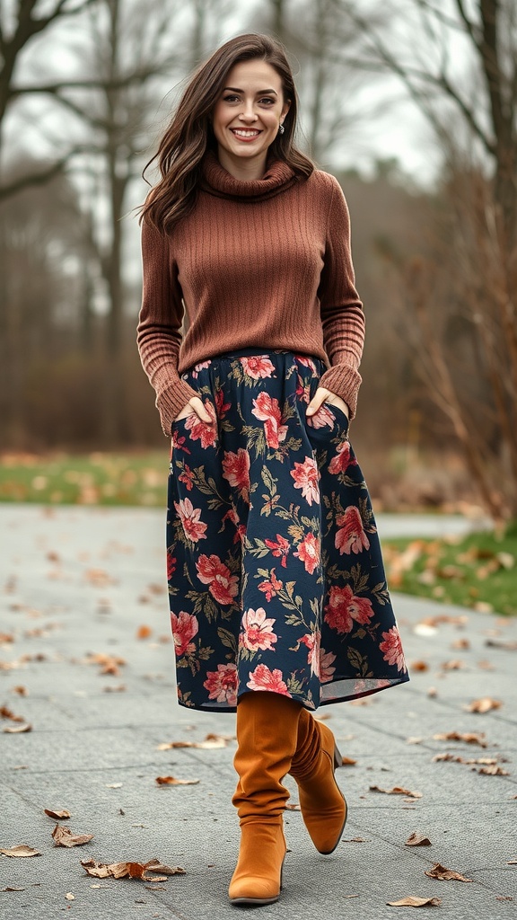 A woman wearing a brown sweater and a floral midi skirt with slouchy orange boots, walking on a path surrounded by autumn leaves.