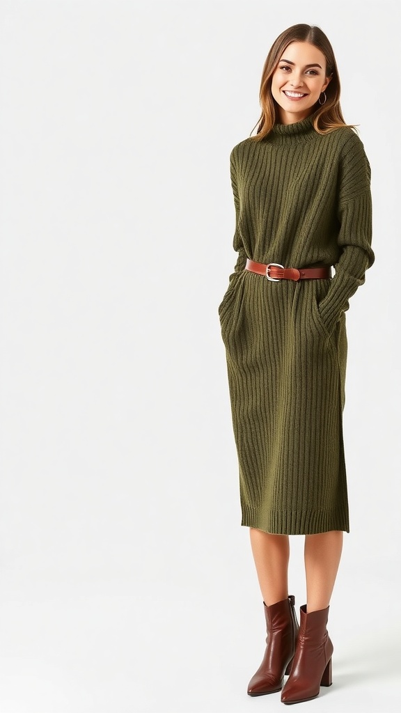 A woman in a green ribbed midi sweater dress with a belted waist and heeled boots, smiling at the camera.