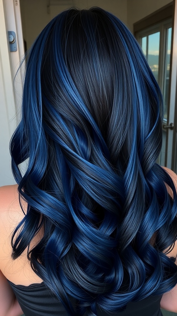 A hairstyle featuring midnight blue ombre, showcasing dark blue hair with curls.