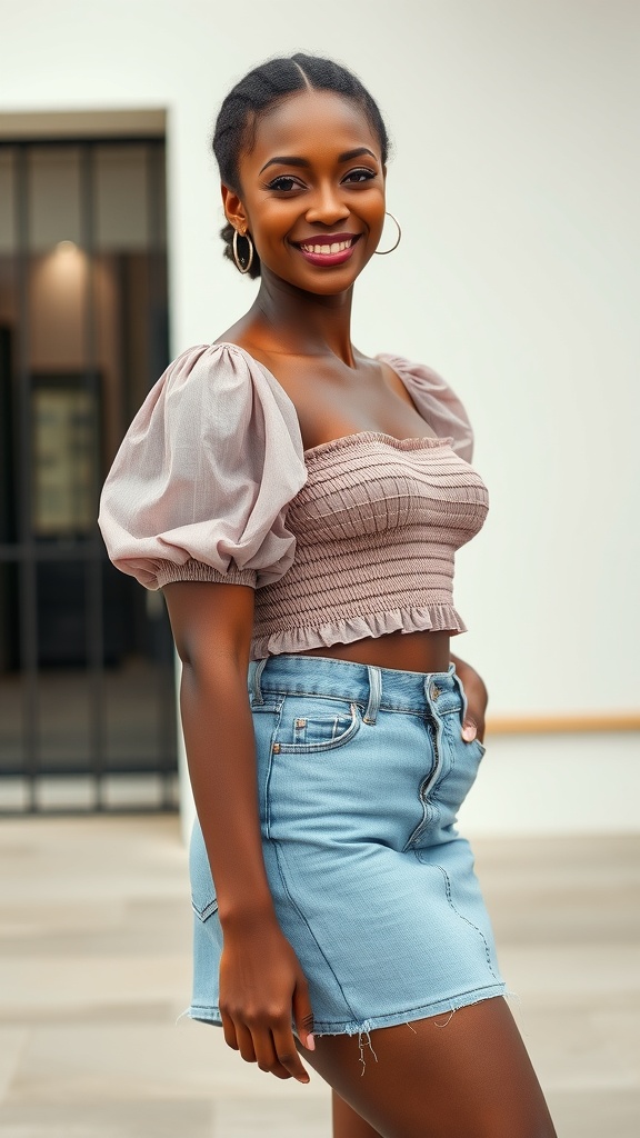 A Black woman smiling while wearing a puffy sleeve crop top and a denim mini skirt.