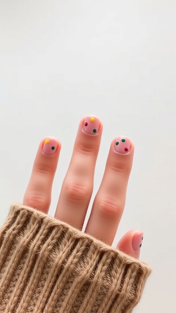 Minimalist dot nail design with autumn colors on a hand wearing a knitted sweater
