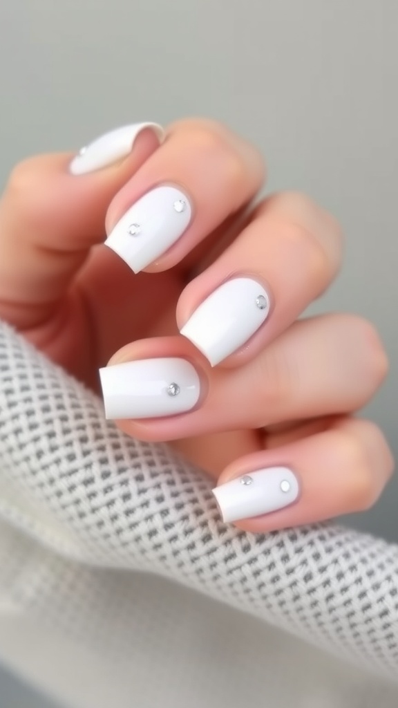 Close-up of elegant white French nails with minimalist dot designs.