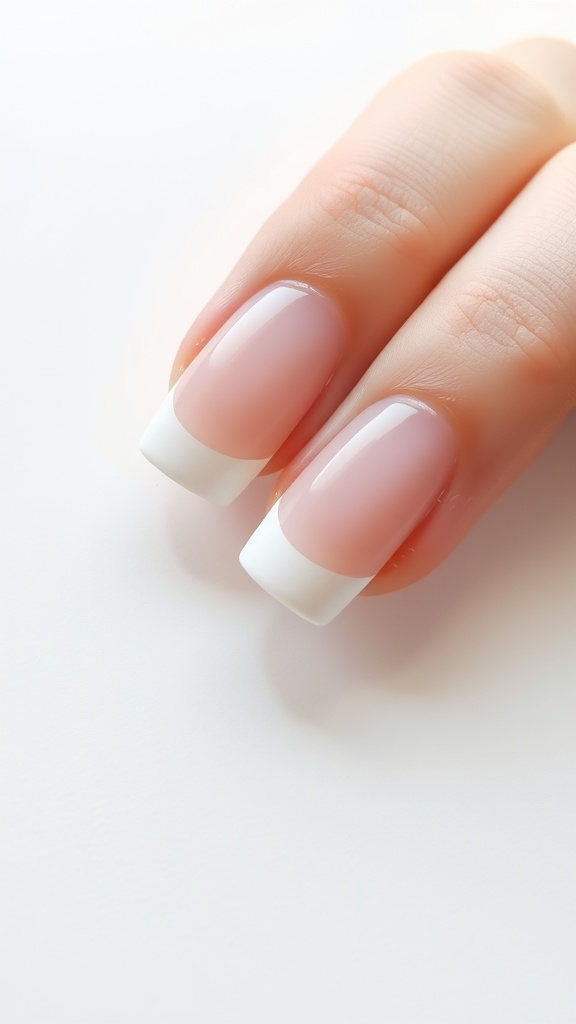 A close-up of minimalist French tips featuring a soft pink base and clean white tips on nails.