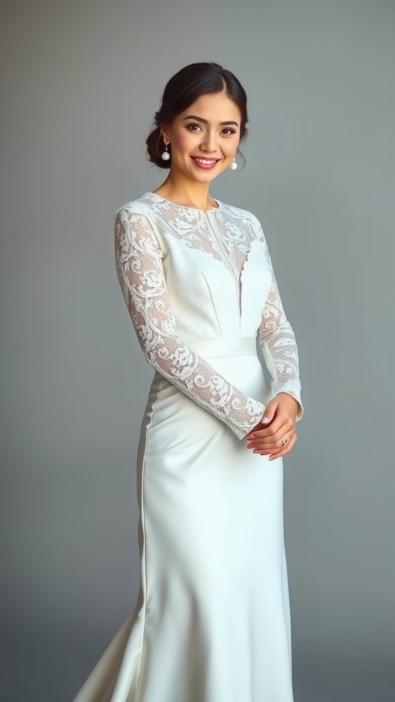 A bride wearing a minimalist lace long sleeve wedding dress, smiling with elegance.