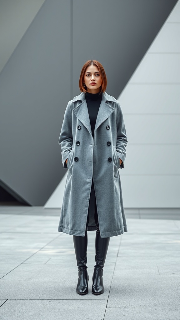 A model wearing a gray trench coat over a black turtleneck and black pants, standing against a modern architectural background.