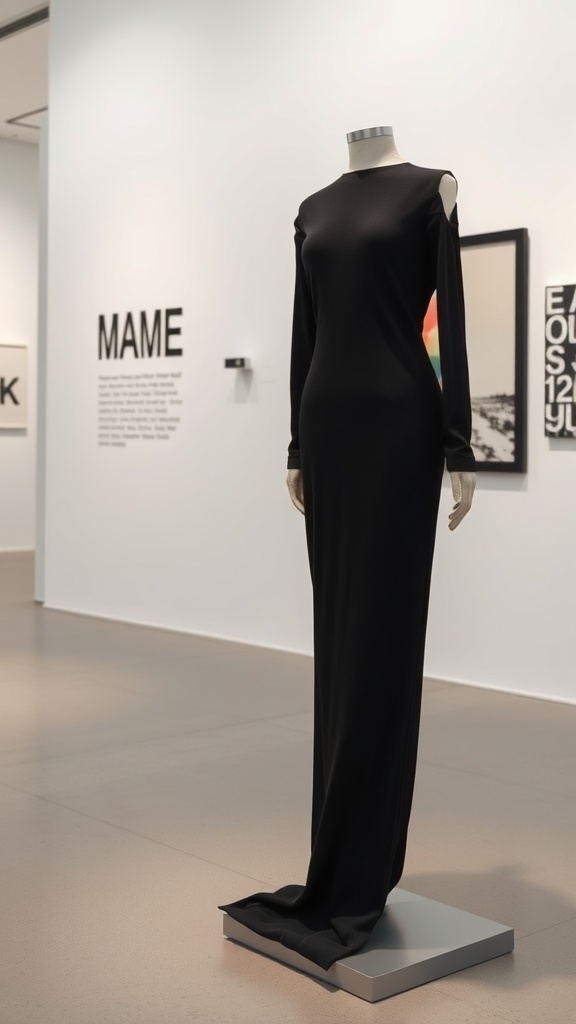 A minimalist black dress displayed on a mannequin in an art gallery setting.