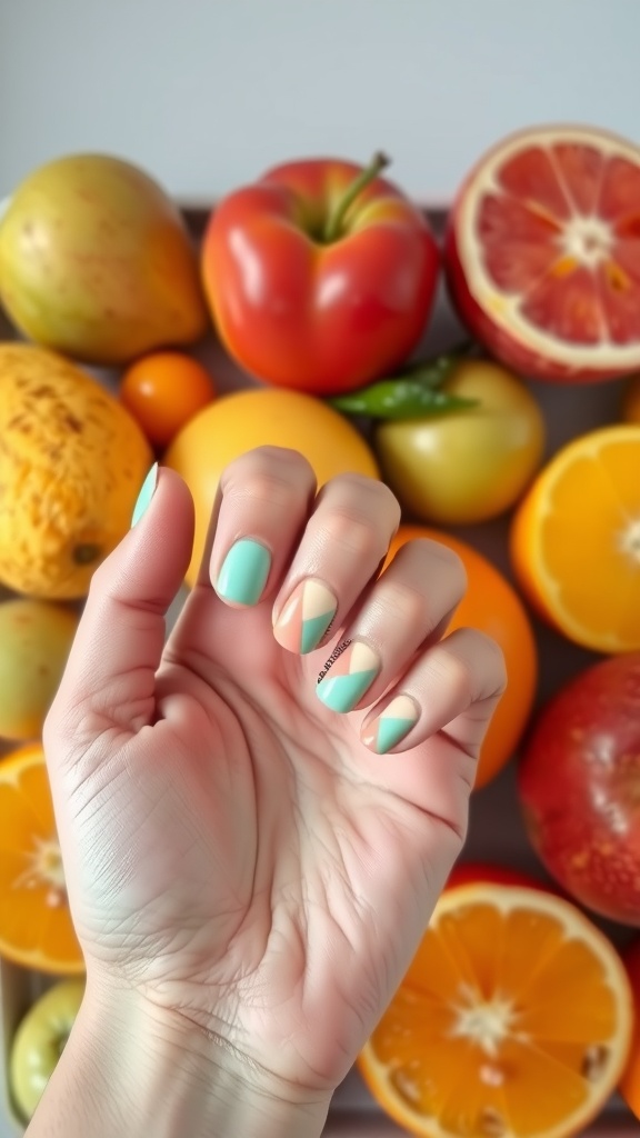 A hand showing mint and peach geometric patterned nails against a backdrop of colorful fruits.