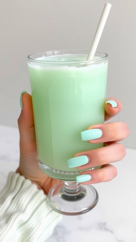A hand with mint green French tips holding a colorful drink.