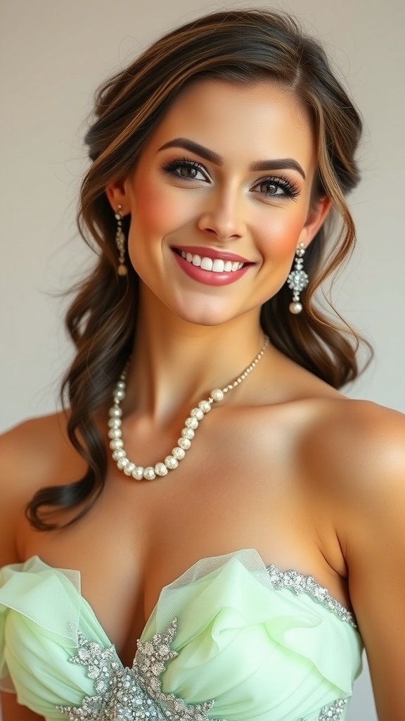 A woman wearing a mint green tiered gown with pearl accessories, smiling gracefully.