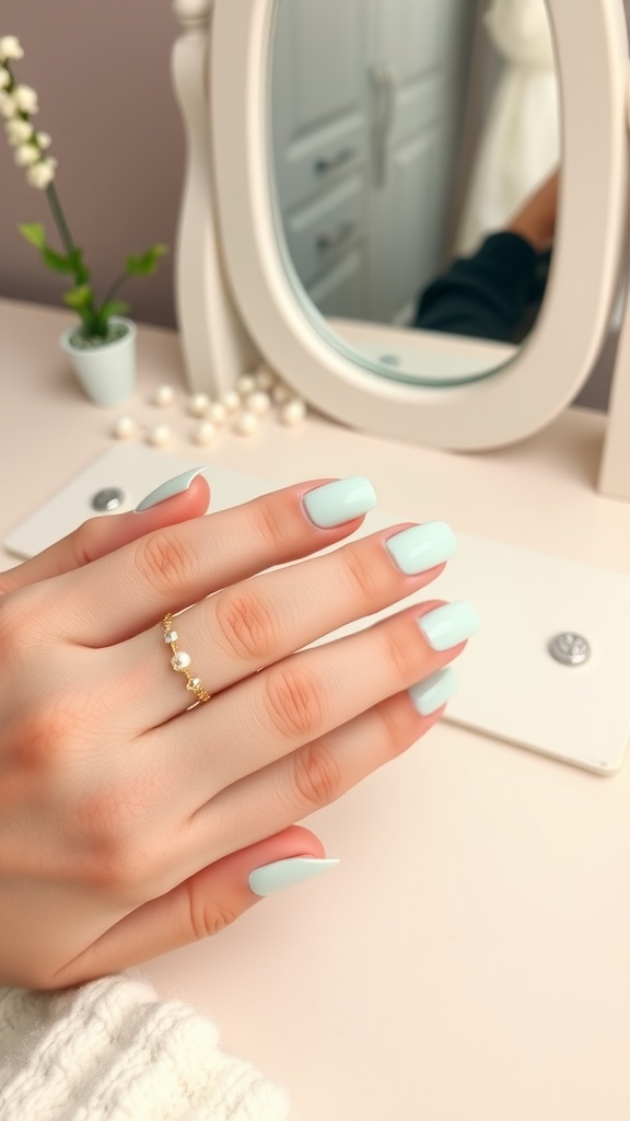 Close-up of mint green nails with tiny pearl accents, showcasing a stylish summer look.