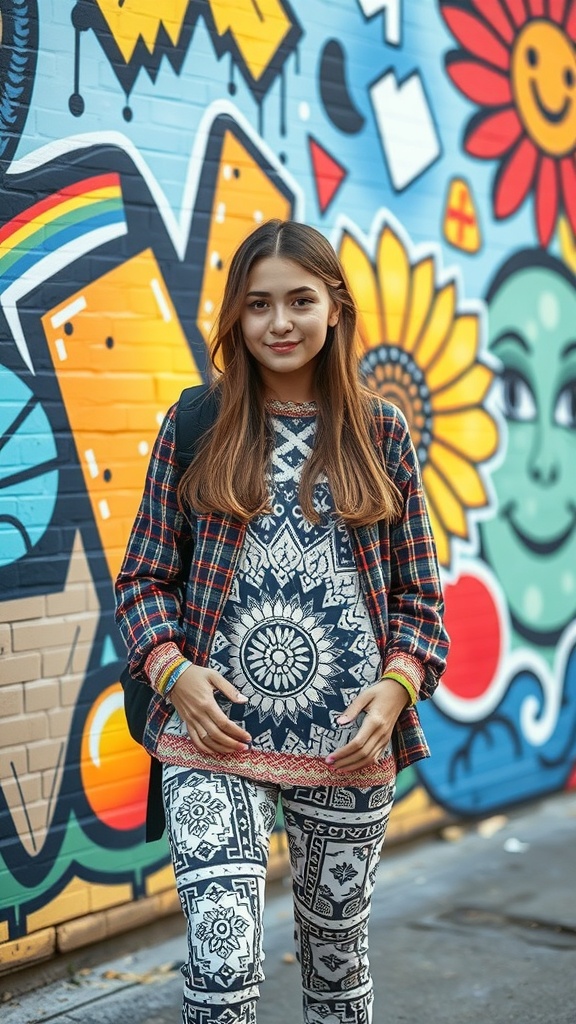 A girl wearing a patterned top and plaid shirt with patterned leggings, standing in front of a colorful mural.